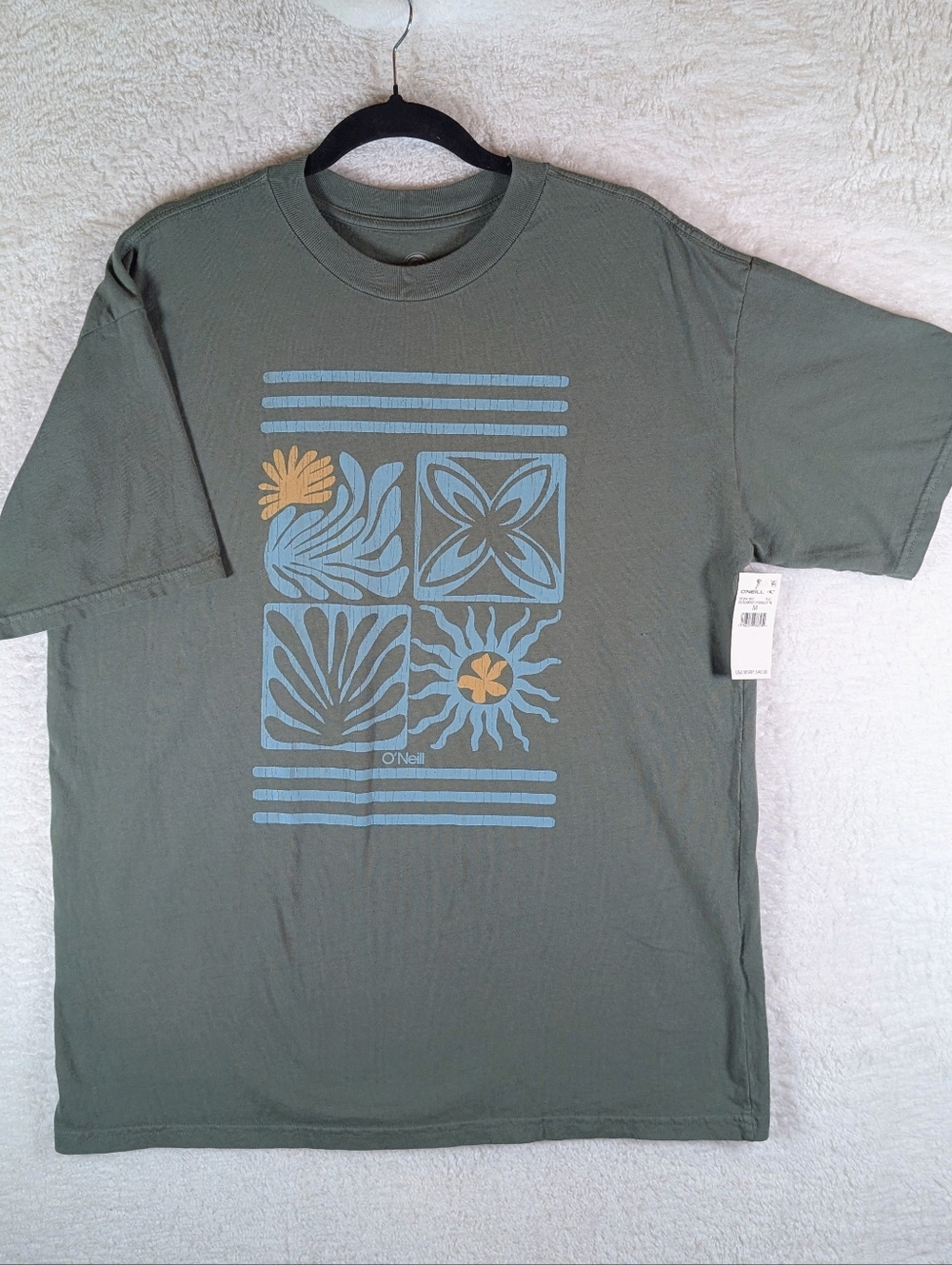 640-O'Neill Olive Short-Sleeve Tee with Blue and Tan Graphic Unisex!
